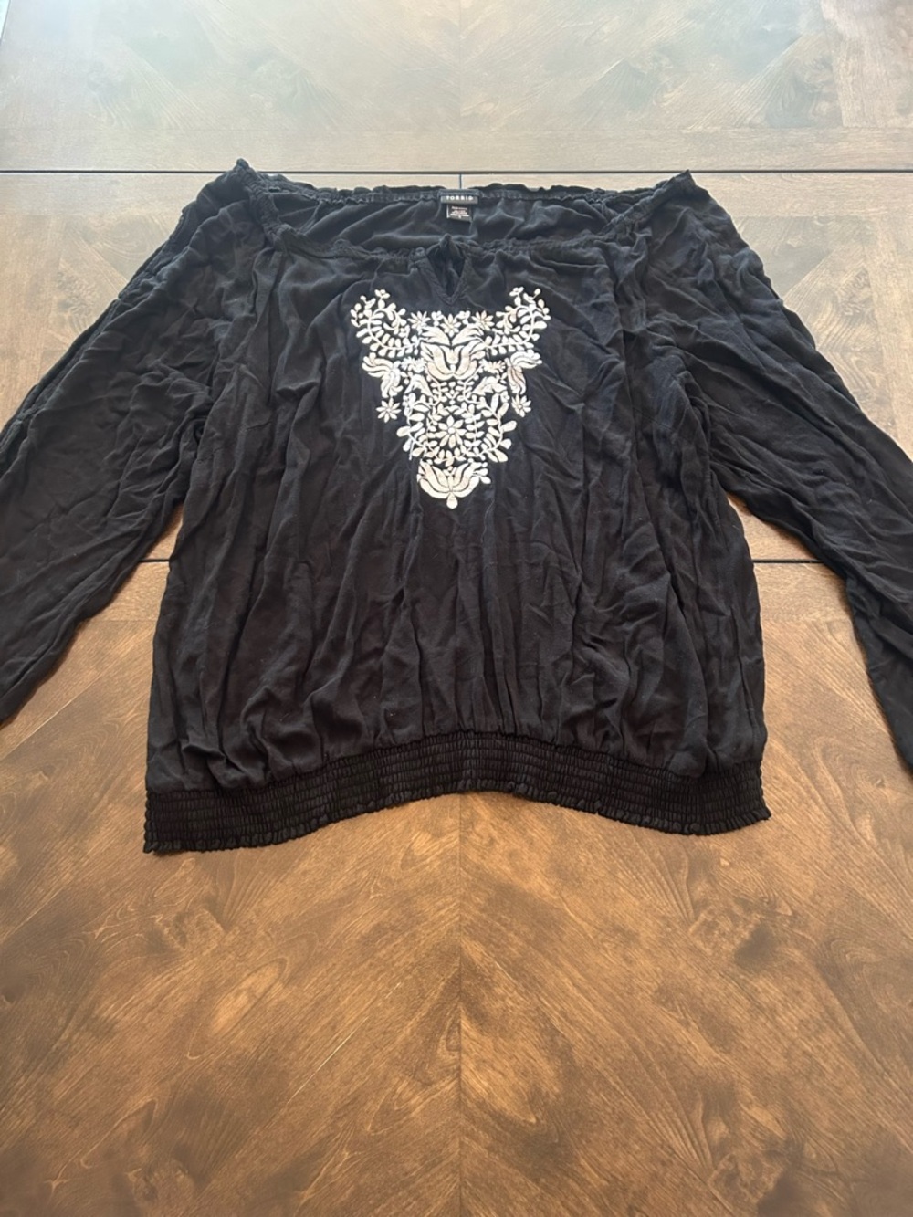 torrid Black Long-Sleeve Peasant Top with White Floral Embroidery